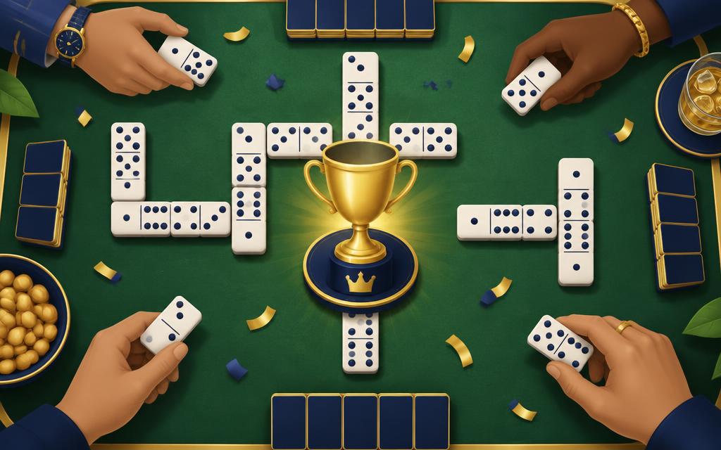 Mesa de dominó com troféu de campeão